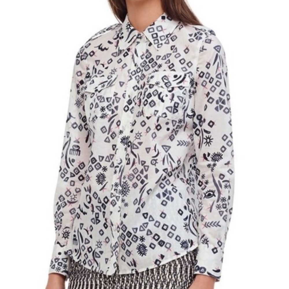 NWOT! Tory Burch Blue/White Patterned Button Down Shirt, Size 4
